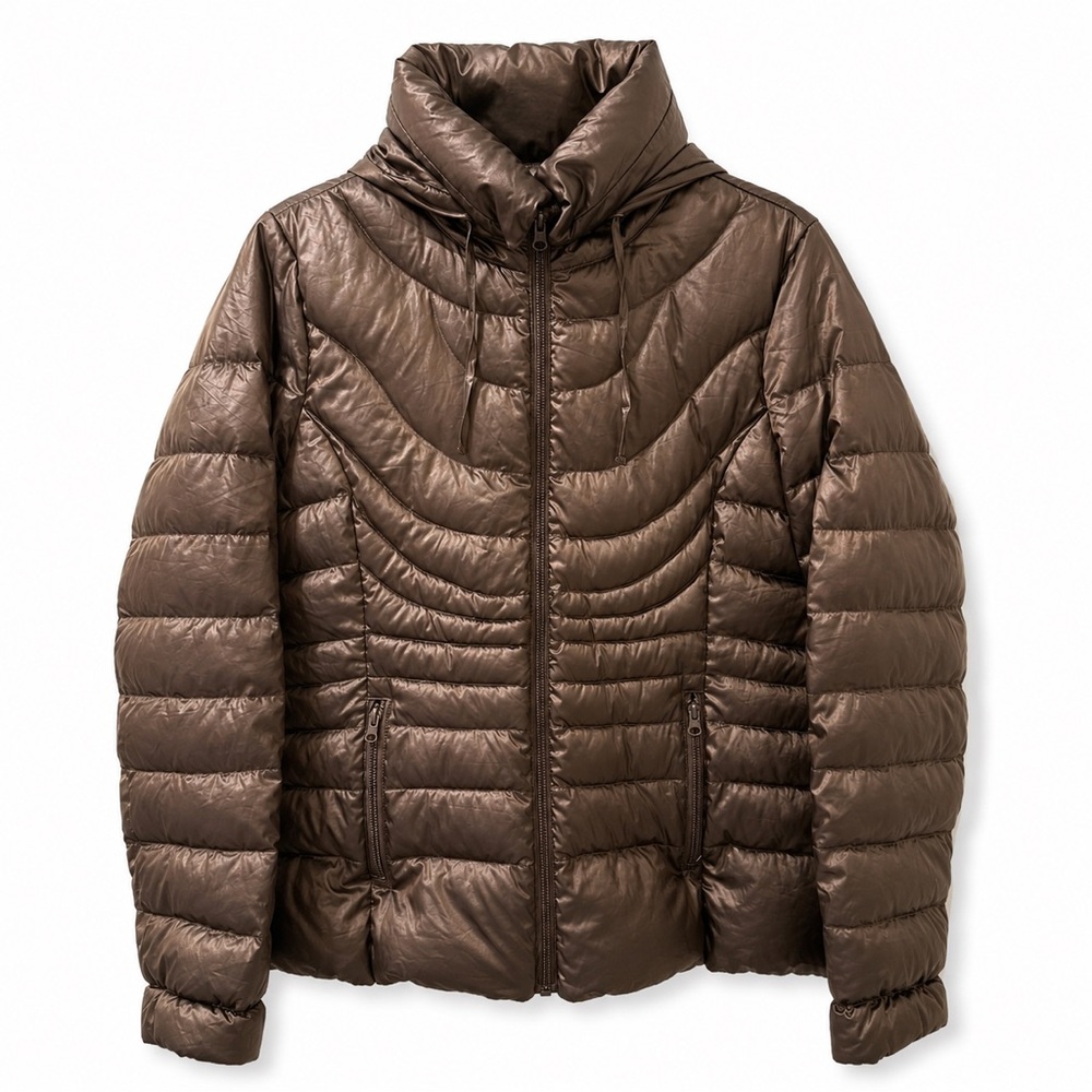 ANA Packable Premium Down Puffer Jacket Brown Metallic Hooded XL Lightweight